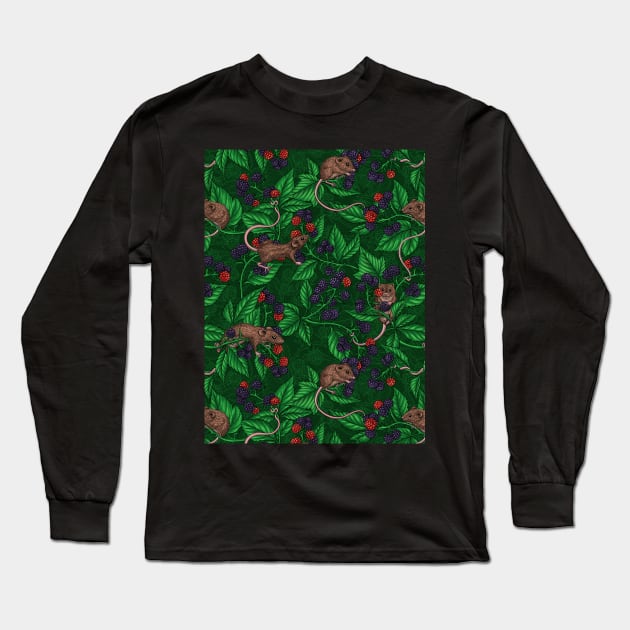 Mice and blackberries on dark green Long Sleeve T-Shirt by katerinamk